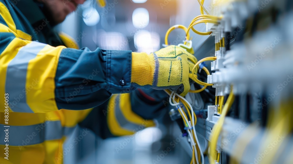 Electrician working on electrical wiring in a server room. Electrician working on electrical wiring in a server room.