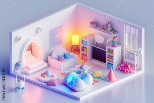 Cozy 3D isometric rendering of a child's bedroom with a bed, desk, toys and warm lighting.