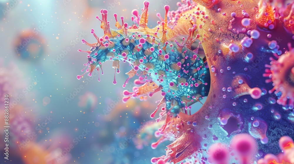 A highly detailed, colorful 3D rendering of a virus attaching to the surface of a human cell, with intricate details of the cell membrane and virus spikes, microscopic view, digital art, futuristic, h A highly detailed, colorful 3D rendering of a virus attaching to the surface of a human cell, with intricate details of the cell membrane and virus spikes, microscopic view, digital art, futuristic, h