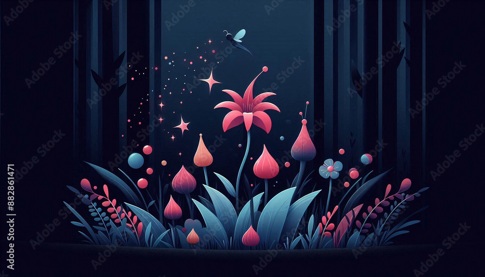 Obraz premium Closeup of a colorful magical flowers on the grass into a dark forest, minimalist illustration
