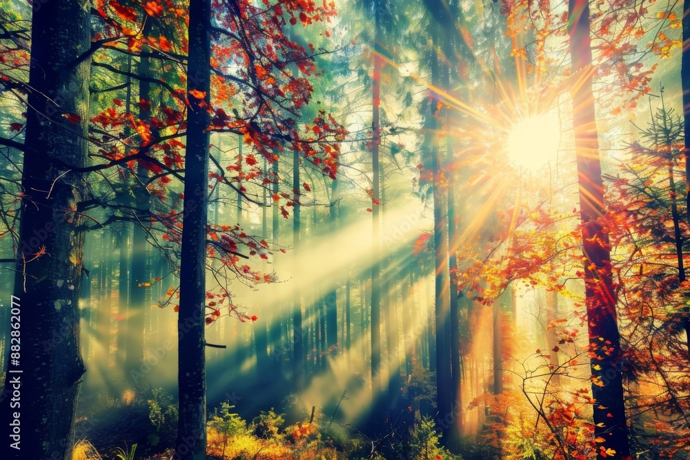 Sunlight streams through a dense forest, illuminating the colorful ...