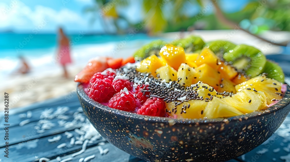 A colorful smoothie bowl filled with tropical fruits like kiwi, pineapple, and coconut flakes, placed on a picnic table. A colorful smoothie bowl filled with tropical fruits like kiwi, pineapple, and coconut flakes, placed on a picnic table.