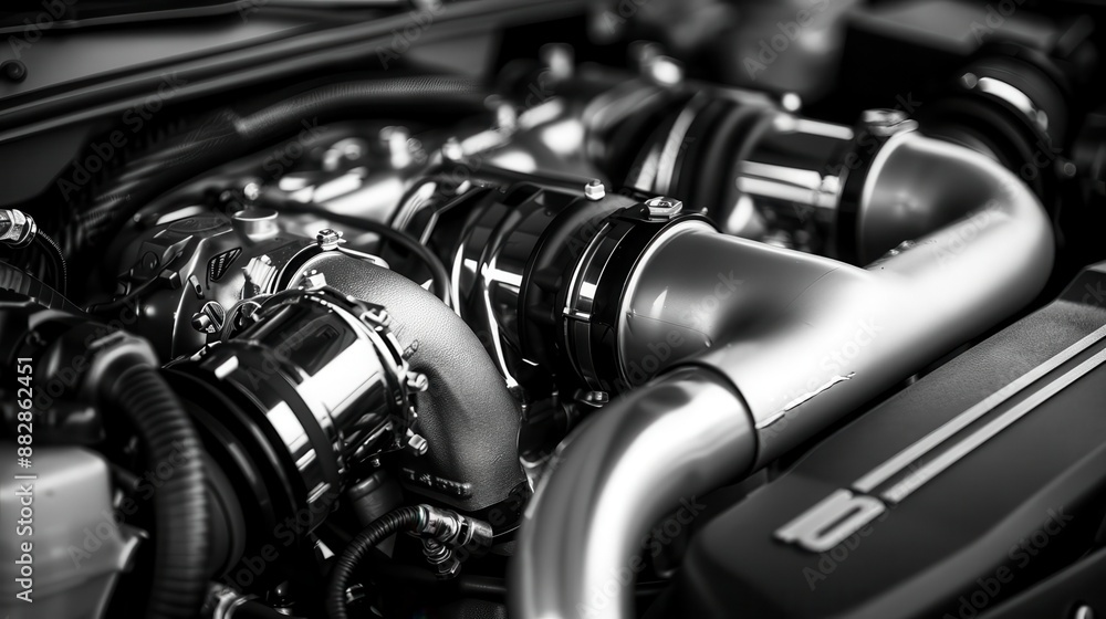 Closeup of a powerful car engine, showcasing intricate mechanics. Closeup of a powerful car engine, showcasing intricate mechanics.