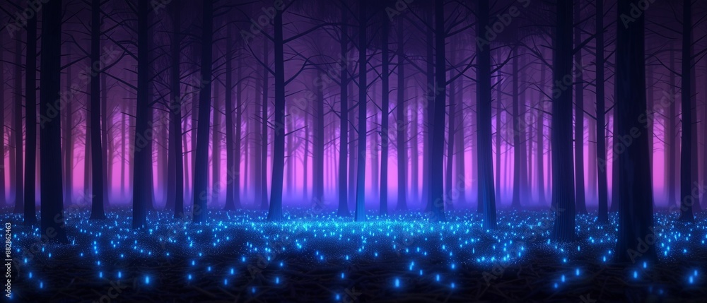 Photorealistic a remote eerie forest with dynamic holographic elements, twilight setting, ghostly figures, neon blue light, detailed, futuristic, unsettling atmosphere Photorealistic a remote eerie forest with dynamic holographic elements, twilight setting, ghostly figures, neon blue light, detailed, futuristic, unsettling atmosphere
