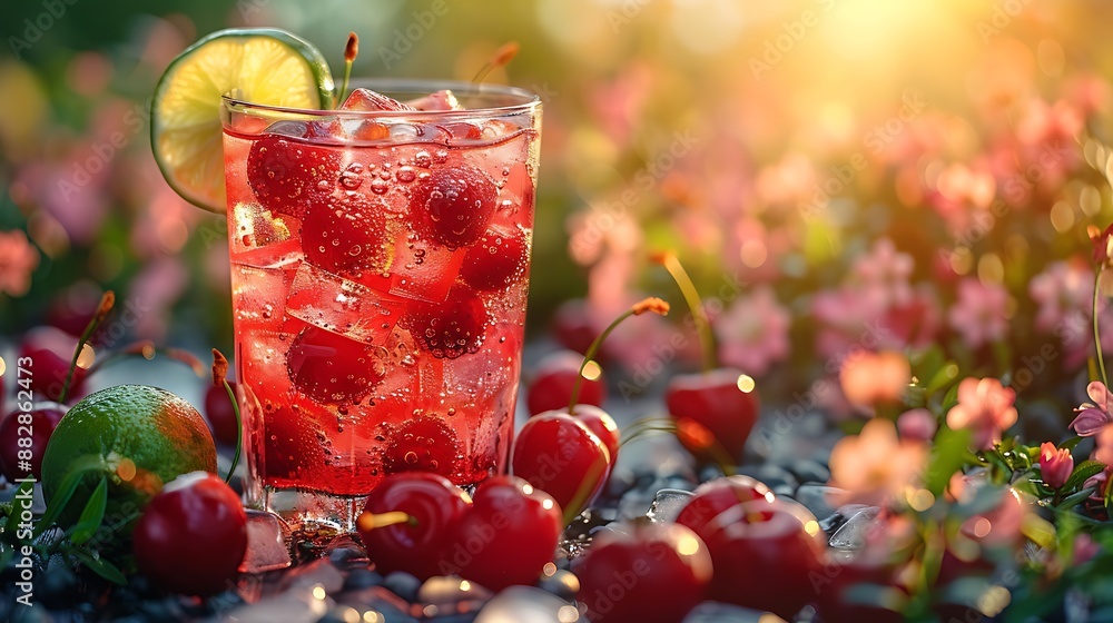 A glass of cherry limeade with fresh cherries and lime slices, ice cubes, placed on a picnic table. A glass of cherry limeade with fresh cherries and lime slices, ice cubes, placed on a picnic table.