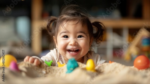 A happy toddler girl playing in a sandbox with colorful toys.