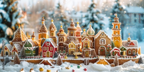 Christmas gingerbread city or town. Colorful christmas gingerbread house panorama - concept, Generative AI