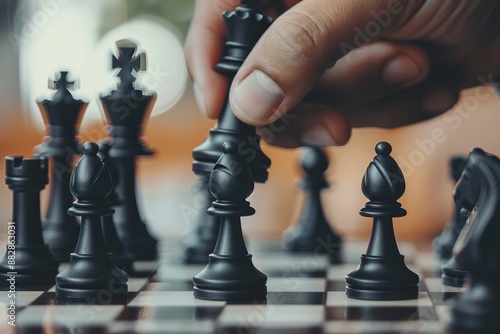 Close-up shot of a hand moving a black chess piece during a game between two players. The focus is on the chessboard and pieces, capturing the strategic nature of the game - generative ai