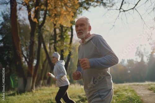 An older man and woman in grey hoodies run along a path in a picturesque park, with warm sunlight filtering through the trees and the bright colors of autumn leaves.