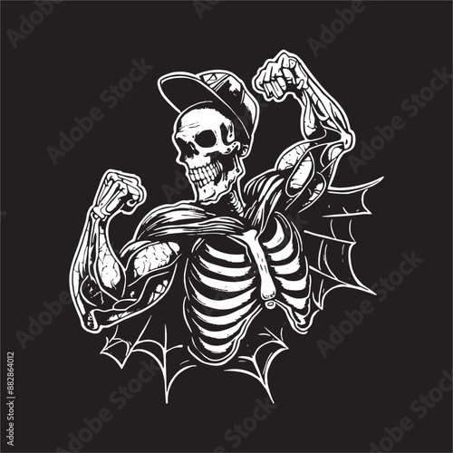 Skull of Body Builder Posing Funny Tattoo Batman Style Gym Logo Vector for T-shirts and Wall Decal Workout Athletic Gym Muscle Logo Fitness Beast Barbell Bodybuilding Healthy Wall Sticker for Gym Deco