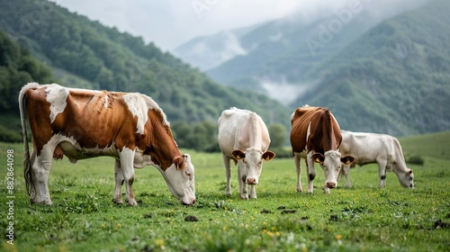 A serene farm combining holistic and conventional methods, featuring diverse livestock grazing in lush, green pastures © ธนากร บัวพรหม