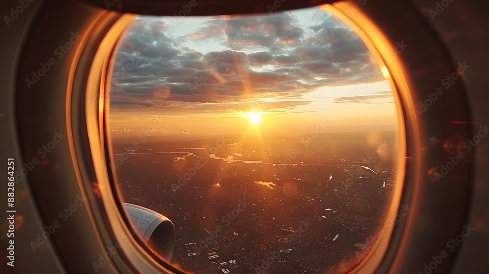 Naklejka premium Breathtaking view of town and cloudless sundown sky behind window of aircraft during flight. 