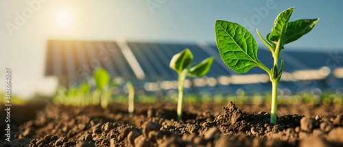 Closeup of a holistic approach to soil and energy, showcasing healthy plants and solar panels in a sustainable farming environment