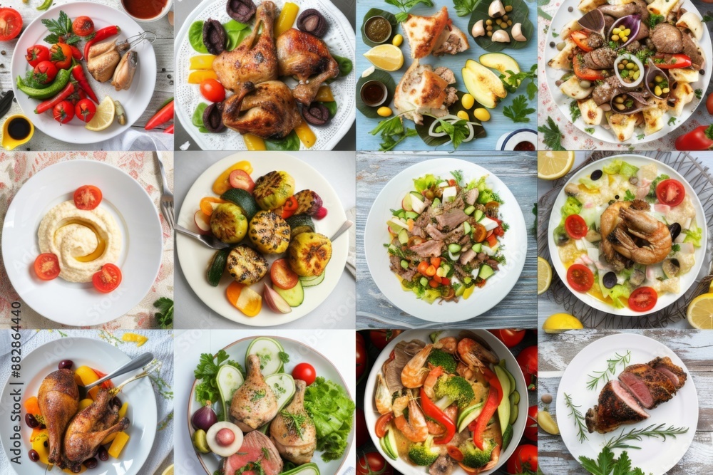 A diverse array of dishes on white plates, showcasing a symphony of flavors and textures, from grilled chicken to fresh salads. A diverse array of dishes on white plates, showcasing a symphony of flavors and textures, from grilled chicken to fresh salads.