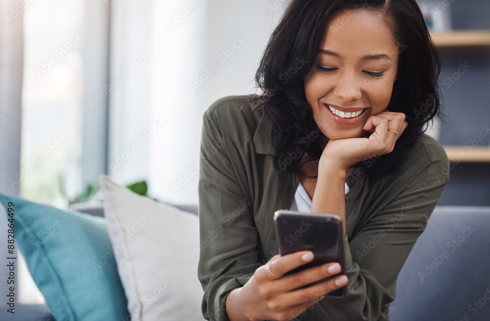 Happy woman, hands and cellphone on sofa for social media, reading and streaming in home. Blog, smile and female person in living room or lounge for connection, scroll and mobile app for networking Happy woman, hands and cellphone on sofa for social media, reading and streaming in home. Blog, smile and female person in living room or lounge for connection, scroll and mobile app for networking