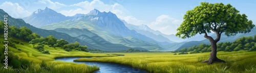 A picturesque landscape where holistic renewable approaches enhance agriculture, featuring solar panels, wind turbines, and abundant plant life