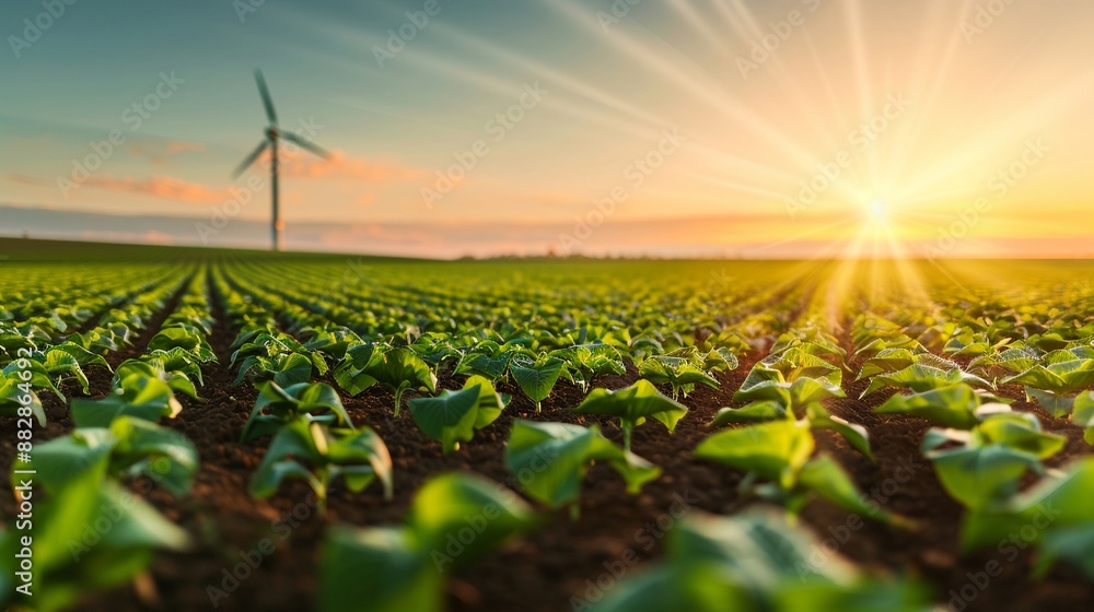 A sustainable farm employing multifunctional longterm strategies, featuring diverse crops and renewable energy sources under a clear sky A sustainable farm employing multifunctional longterm strategies, featuring diverse crops and renewable energy sources under a clear sky