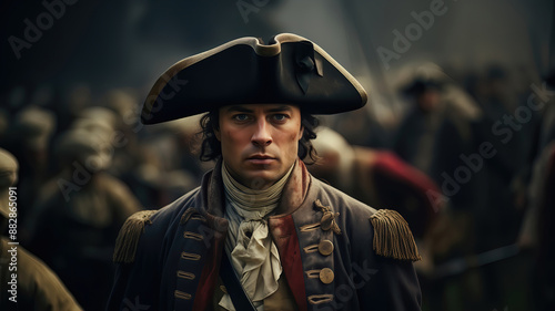 English soldier of 18th century in red uniform with flintlock rifle in midst of battle