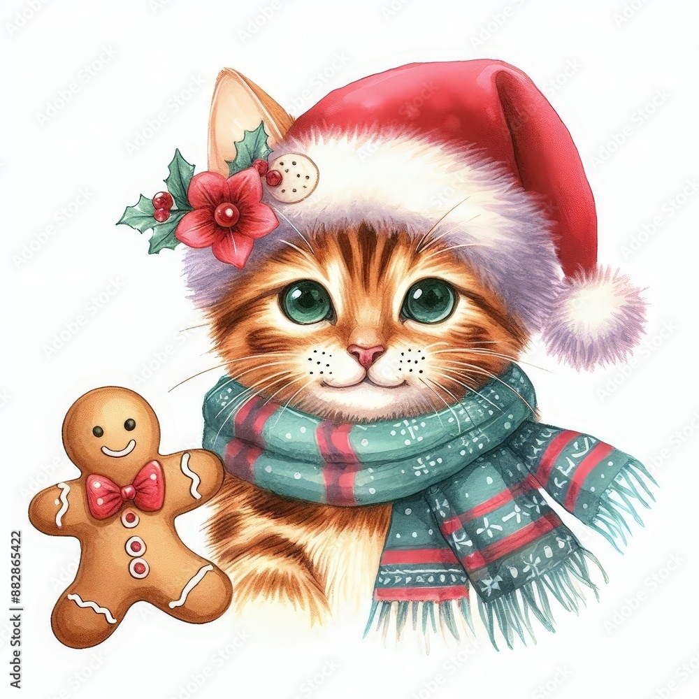 Obraz premium A cute tabby kitten wearing a Santa hat and scarf, holding a gingerbread man.