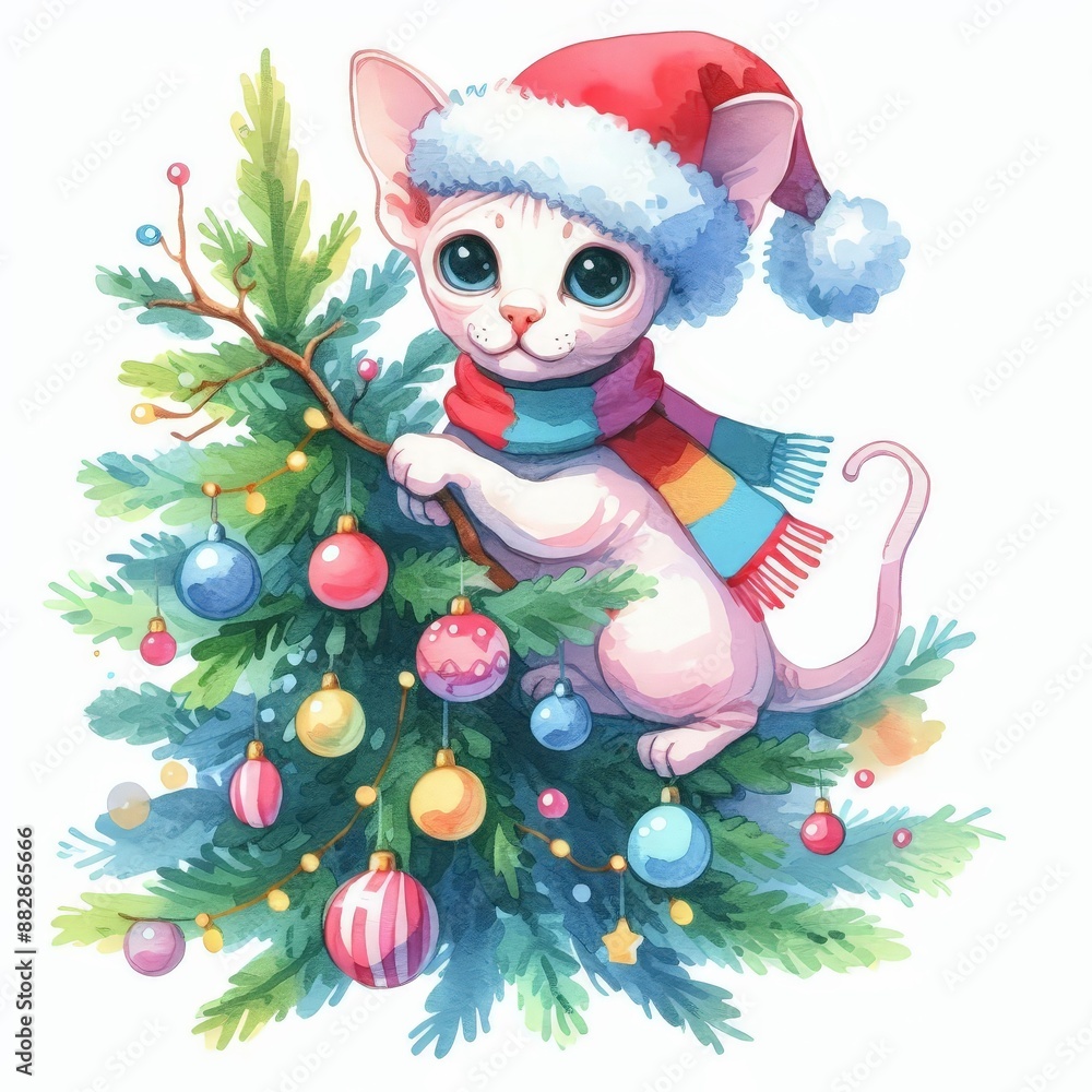A cute white cat wearing a Santa hat and scarf sits on a Christmas tree decorated with colorful ornaments. A cute white cat wearing a Santa hat and scarf sits on a Christmas tree decorated with colorful ornaments.