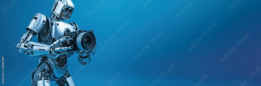 Robot, artificial intelligence, takes pictures with a camera, the concept of Photographer Day. AI generated. Robot, artificial intelligence, takes pictures with a camera, the concept of Photographer Day. AI generated.