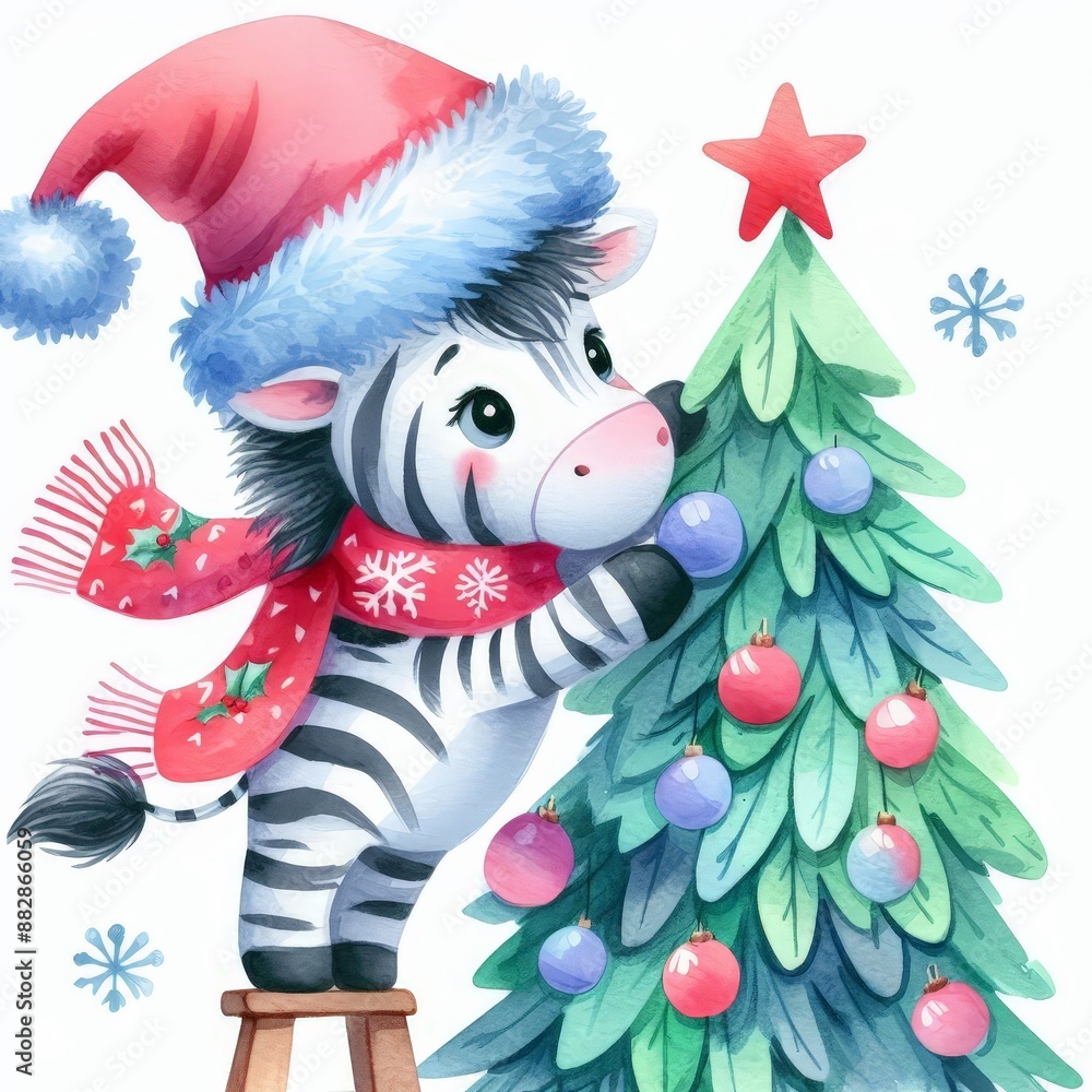 A cute zebra wearing a Santa hat decorates a Christmas tree with colorful ornaments. A cute zebra wearing a Santa hat decorates a Christmas tree with colorful ornaments.