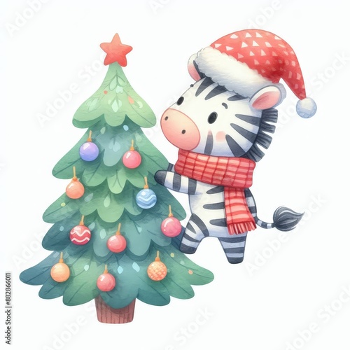 A cute zebra wearing a Santa hat and scarf decorates a Christmas tree with colorful ornaments. photo