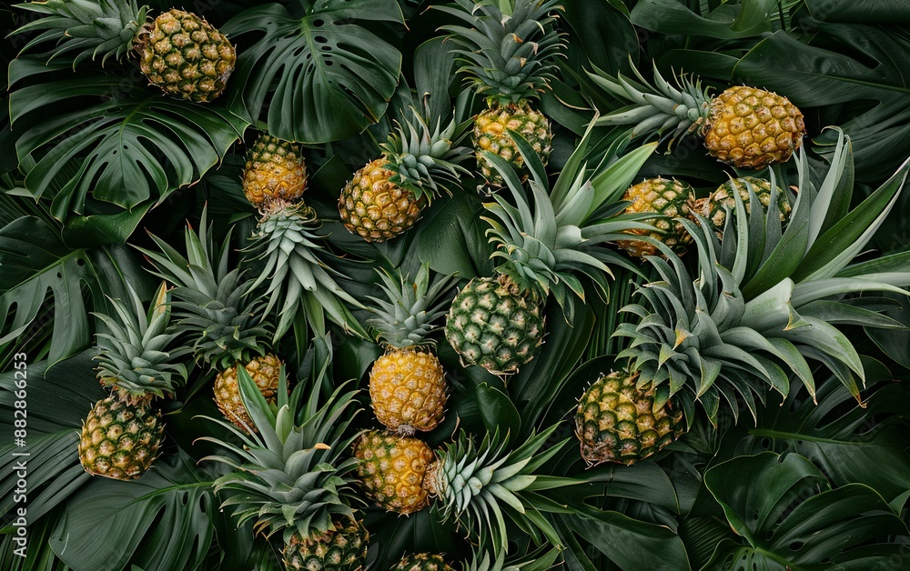 Pineapples and palm leaves create a lush tropical pattern Pineapples and palm leaves create a lush tropical pattern
