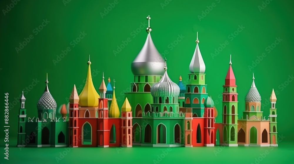 Obraz premium Muslim Islamic New Year, religious event. Graphic illustration. Bathed mosques. AI generated.