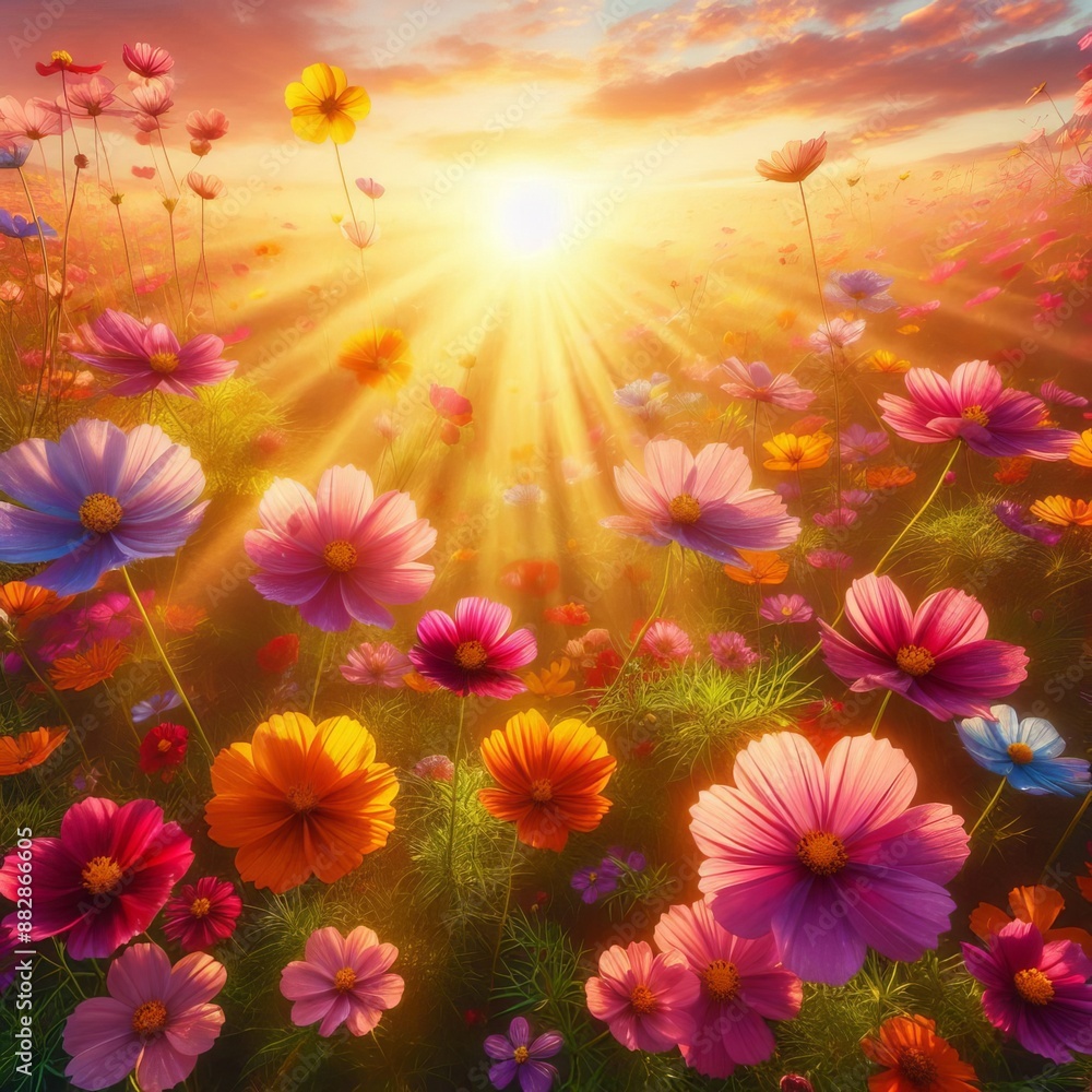 Fototapeta premium Pink and purple flowers bloom against a clear blue sky in summer creating a beautiful floral spectacle