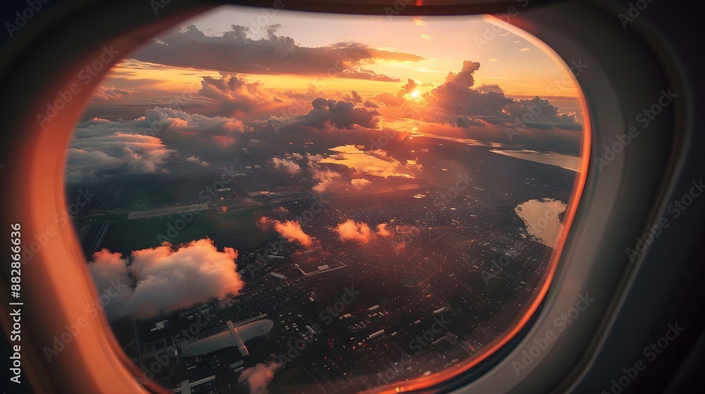 Fototapeta premium Breathtaking view of town and cloudless sundown sky behind window of aircraft during flight. 