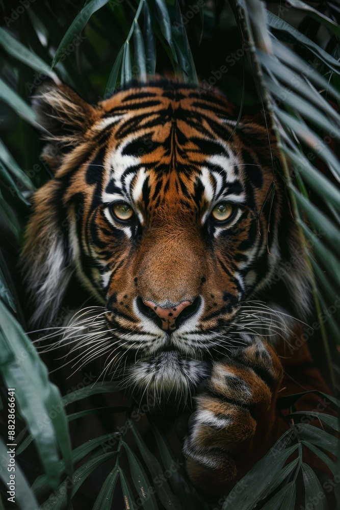 tiger showing its paw, hiding behind leaves tiger showing its paw, hiding behind leaves