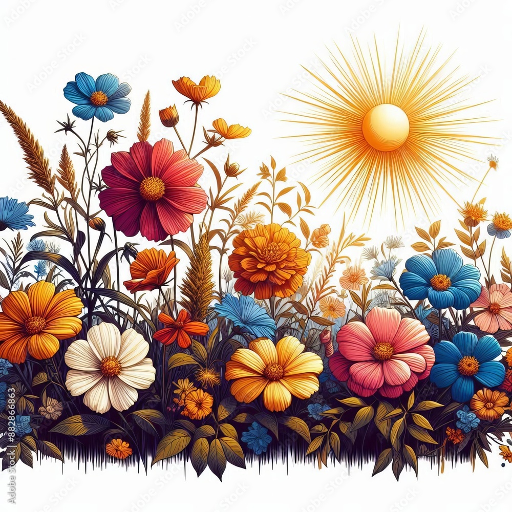 A backdrop of vibrant pink and purple summer blooms creates a beautiful floral scene A backdrop of vibrant pink and purple summer blooms creates a beautiful floral scene