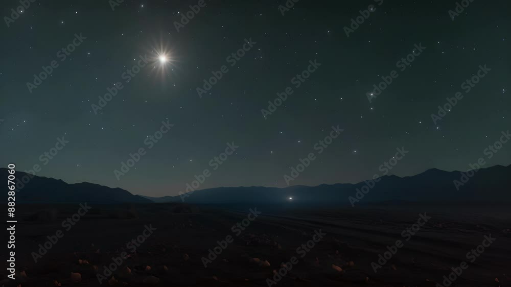 The moon and stars shining above as car headlights create light trails on the desert floor below. The moon and stars shining above as car headlights create light trails on the desert floor below.