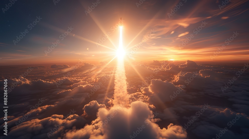 Spectacular rocket launch at dawn, piercing through vibrant, colorful clouds with radiant sunlight creating awe-inspiring atmosphere. Spectacular rocket launch at dawn, piercing through vibrant, colorful clouds with radiant sunlight creating awe-inspiring atmosphere.