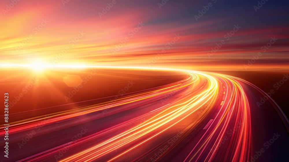 Vibrant light trails on a highway during sunset, symbolizing speed, motion, and modern transportation in a colorful, dynamic scene. Vibrant light trails on a highway during sunset, symbolizing speed, motion, and modern transportation in a colorful, dynamic scene.