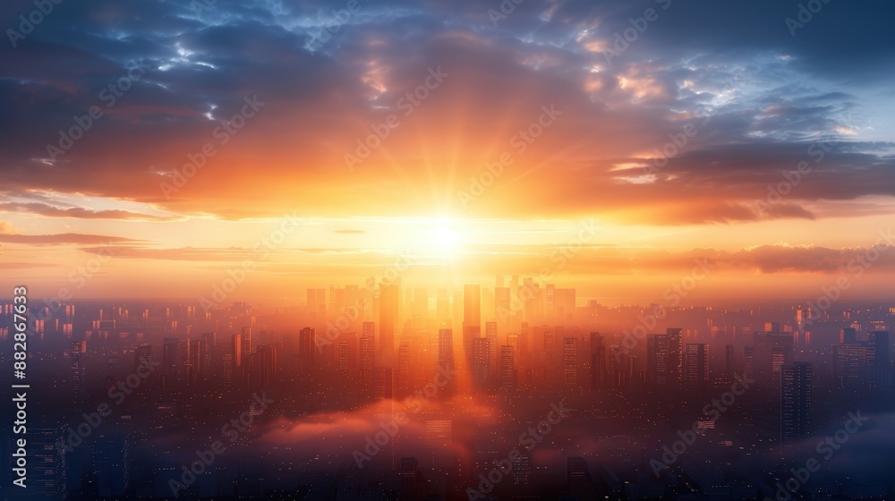 Fototapeta premium Stunning sunrise over a bustling cityscape with skyscrapers silhouetted against a vibrant, colorful sky.