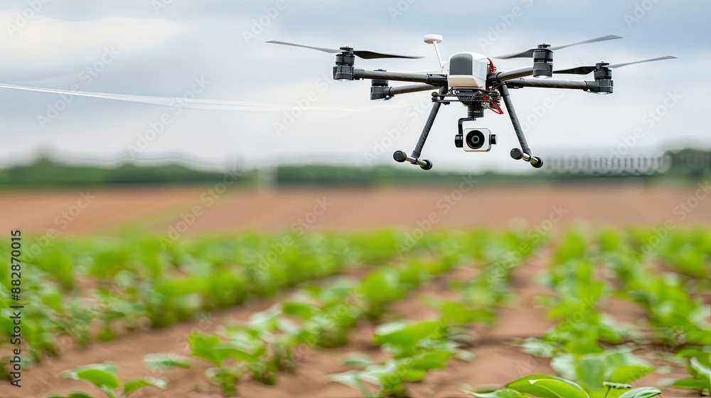 A drone sprays a field of crops at sunset A drone sprays a field of crops at sunset