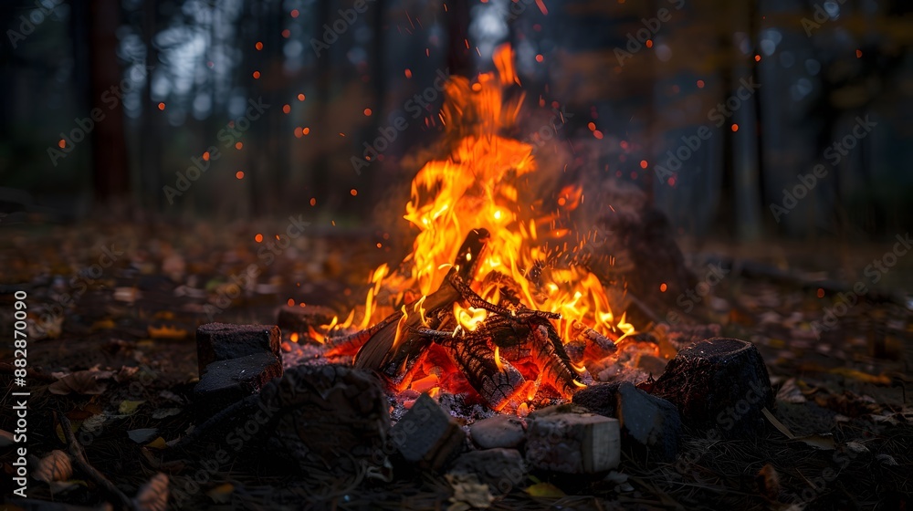 Bonfire with orange flames of burning wood and bricks around it making smoke in a forest during a dark night under a blurred background. Bonfire with orange flames of burning wood and bricks around it making smoke in a forest during a dark night under a blurred background.