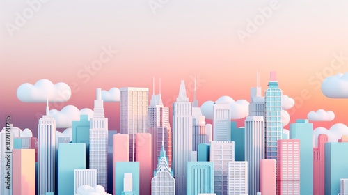 Vibrant pastel cityscape with modern skyscrapers and clouds at sunset, showcasing urban architecture and a serene sky.