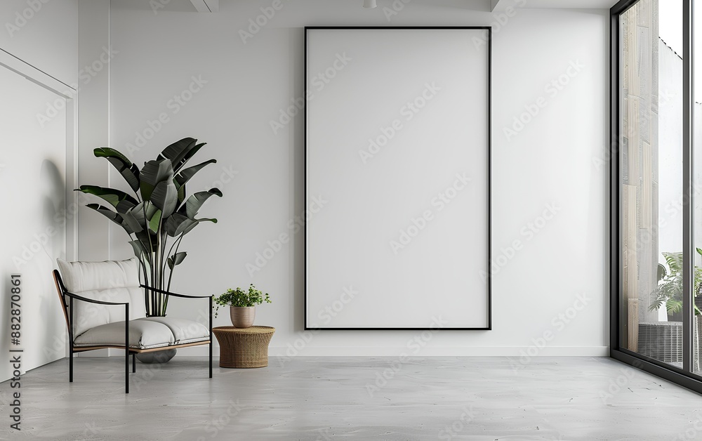 This contemporary room highlights a sleek armchair, a potted plant on a wicker table, and a large blank picture frame on the wall, all set in a bright, airy environment. 3D render. This contemporary room highlights a sleek armchair, a potted plant on a wicker table, and a large blank picture frame on the wall, all set in a bright, airy environment. 3D render.