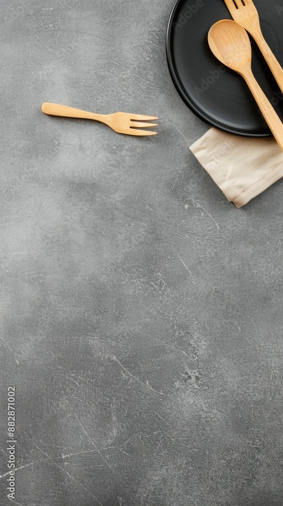 A rolled linen napkin is set on a black plate with gold flatware, including a spoon, fork, and knife. The plate rests on a gray concrete background