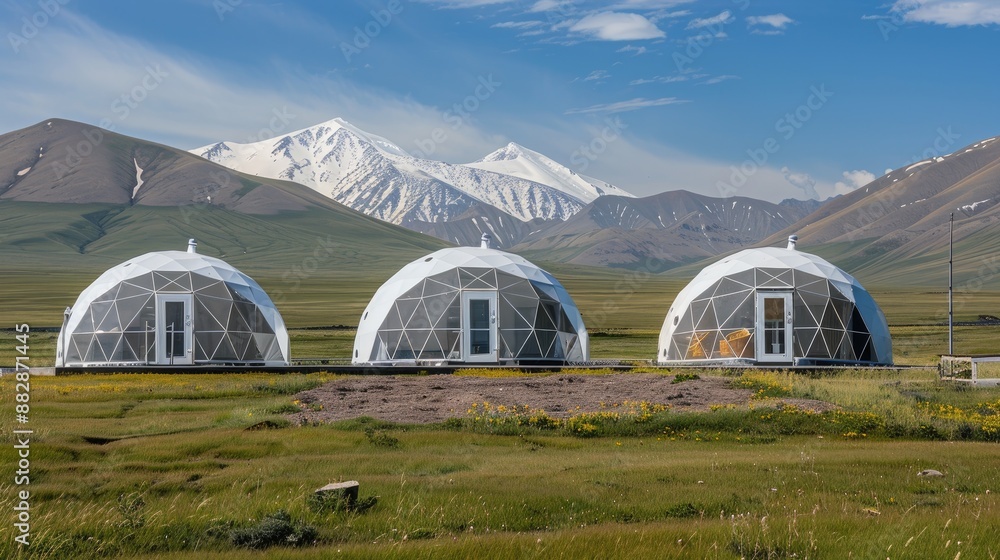 Fototapeta premium A geodesic dome restaurant with a large patio overlooking a mountain