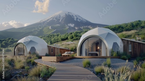 A geodesic dome restaurant with a large patio overlooking a mountain photo