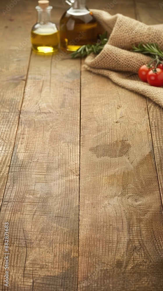 A glass bottle of olive oil, fresh tomatoes, and basil leaves are arranged on a rustic wooden table. A glass bottle of olive oil, fresh tomatoes, and basil leaves are arranged on a rustic wooden table.
