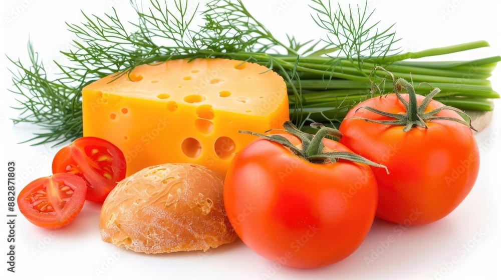 A simple sandwich with cheese and tomato on two slices of bread, placed on a wooden cutting board A simple sandwich with cheese and tomato on two slices of bread, placed on a wooden cutting board