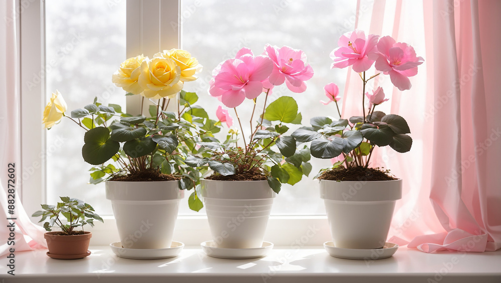 Three potted plants with pink and yellow flowers sit on a windowsill in front of a white sheer curtain.
Three potted plants with pink and yellow flowers sit on a windowsill in front of a white sheer curtain.