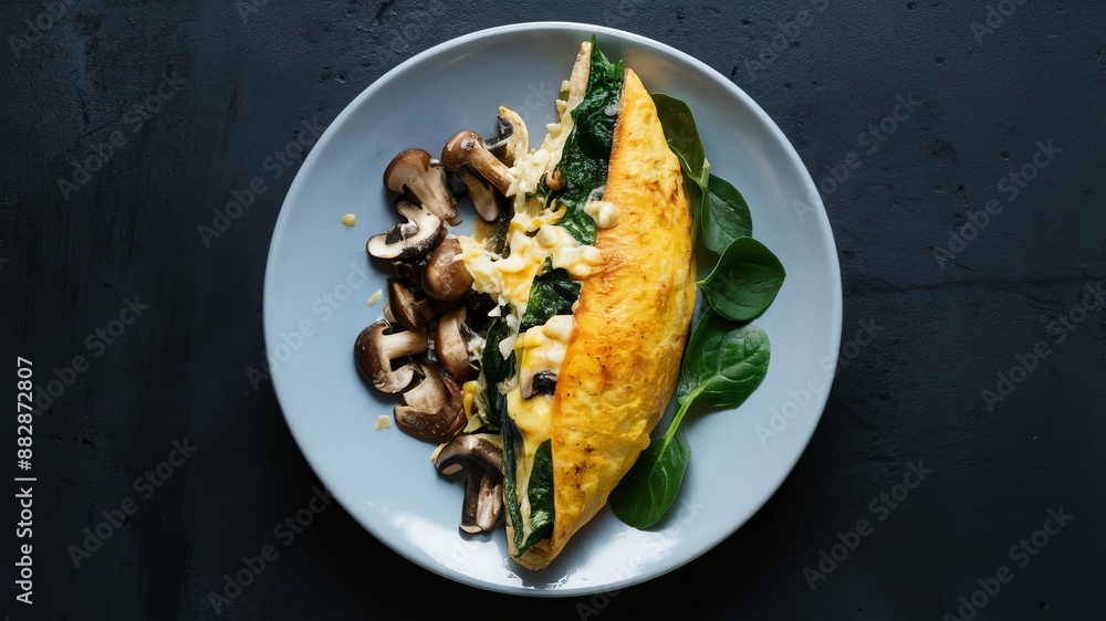 A delicious omelet with mushrooms and salad on the side sat on the plate. A delicious omelet with mushrooms and salad on the side sat on the plate.