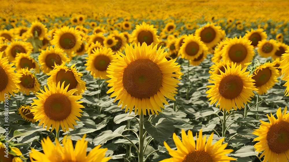 A vast field of bright yellow sunflowers blooms under a clear blue summer sky A vast field of bright yellow sunflowers blooms under a clear blue summer sky