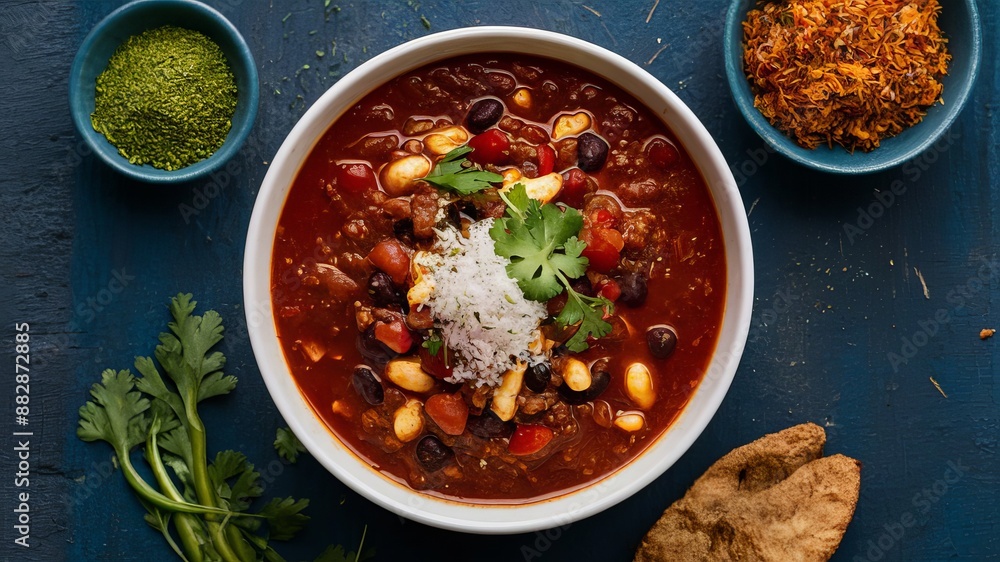A steaming bowl of hearty chili con carne with ground beef and red peppers in a spicy tomato sauce A steaming bowl of hearty chili con carne with ground beef and red peppers in a spicy tomato sauce